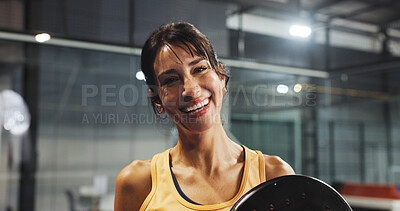 Buy stock photo Padel, sports and portrait of happy woman on court for game, match and training for challenge. Indoor, smile and person with racket for workout, exercise and fitness for tennis, practice and hobby