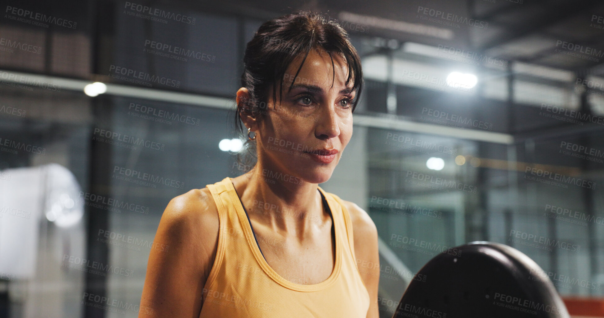 Buy stock photo Sweat, sports and woman for padel game, tournament and competition on indoor court. Tennis club, athlete and person with racket for training, exercise and workout for challenge, practice and fitness