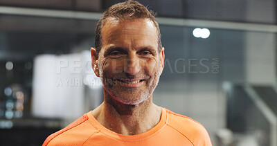 Buy stock photo Sports, happy and portrait of mature man on indoor court for match, game or training with smile. Tennis club, confident and senior person for fitness, exercise and workout for practice and health