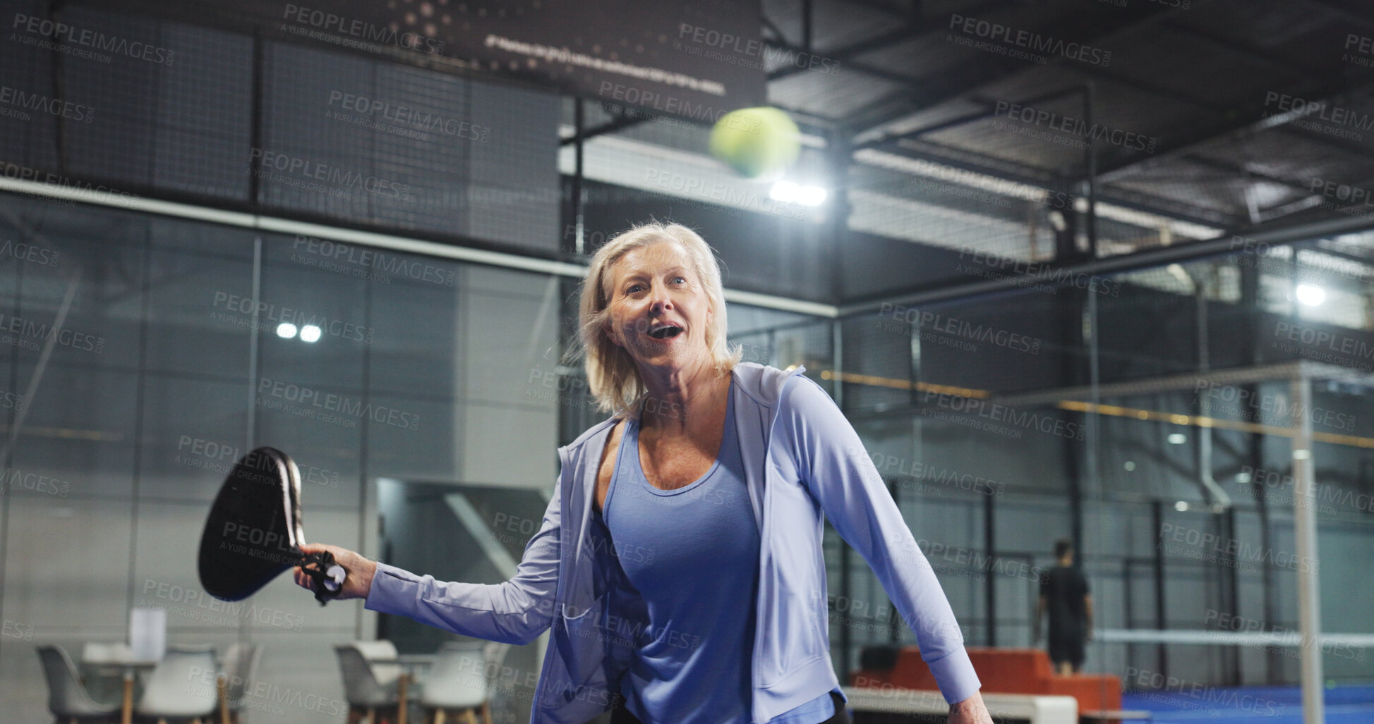 Buy stock photo Padel, fitness and woman with racket for game, tournament and competition on indoor court. Sports, athlete and mature person with ball for training, exercise and workout for match, practice or tennis