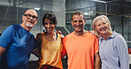Sports, happy and portrait of friends for padel match, game and training together on indoor court. Tennis club, smile and people together for fitness, exercise and workout for practice and health