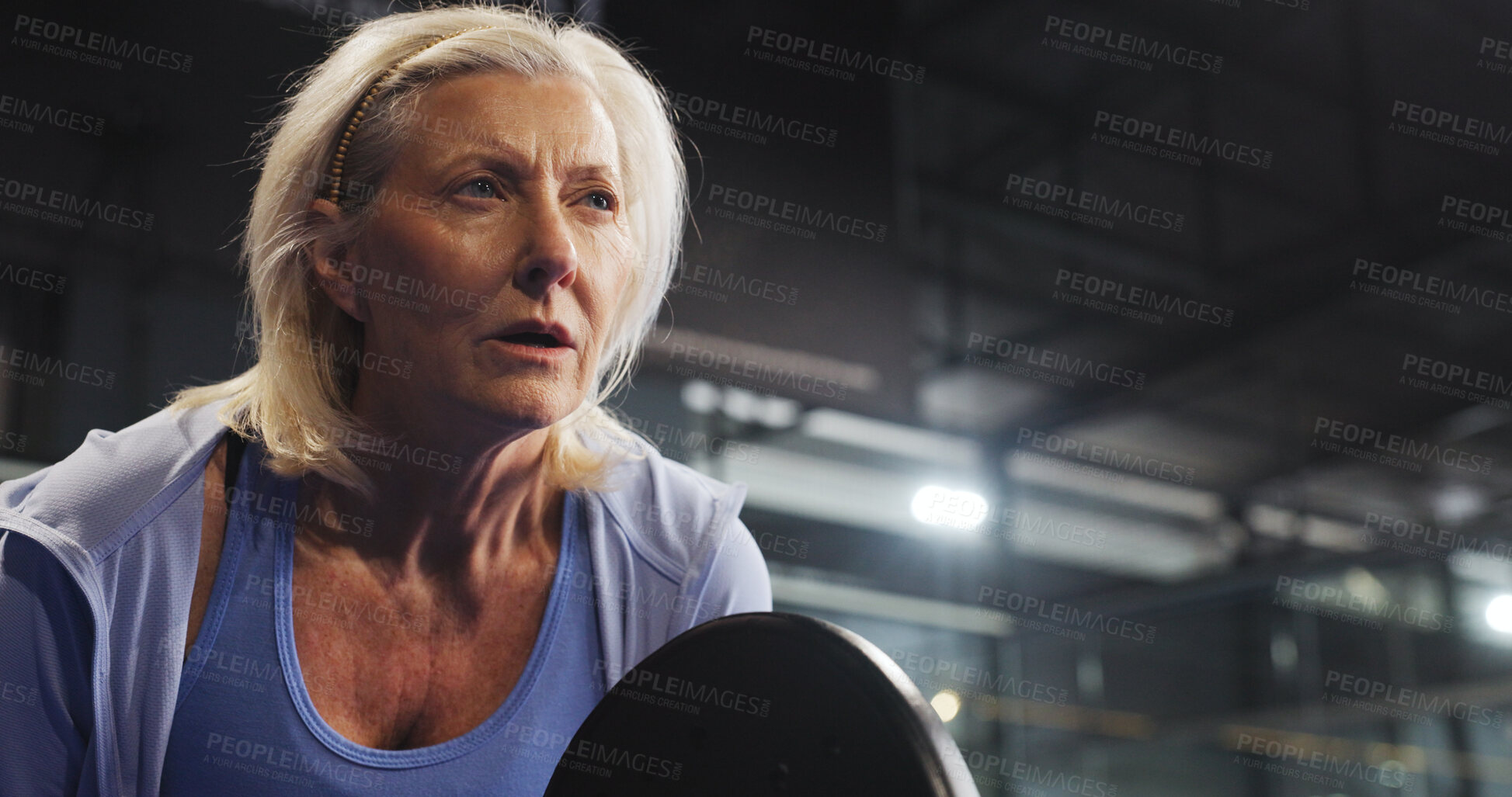 Buy stock photo Padel, space and mature woman for training, tournament and competition on indoor court. Sports club, athlete and person with racket for fitness, exercise and workout for match, practice and tennis