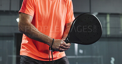 Buy stock photo Padel, athlete and hands with racket, court and training for challenge, fitness and active for sport. Tennis player, wellness and person with equipment for competition, exercise and skills for match