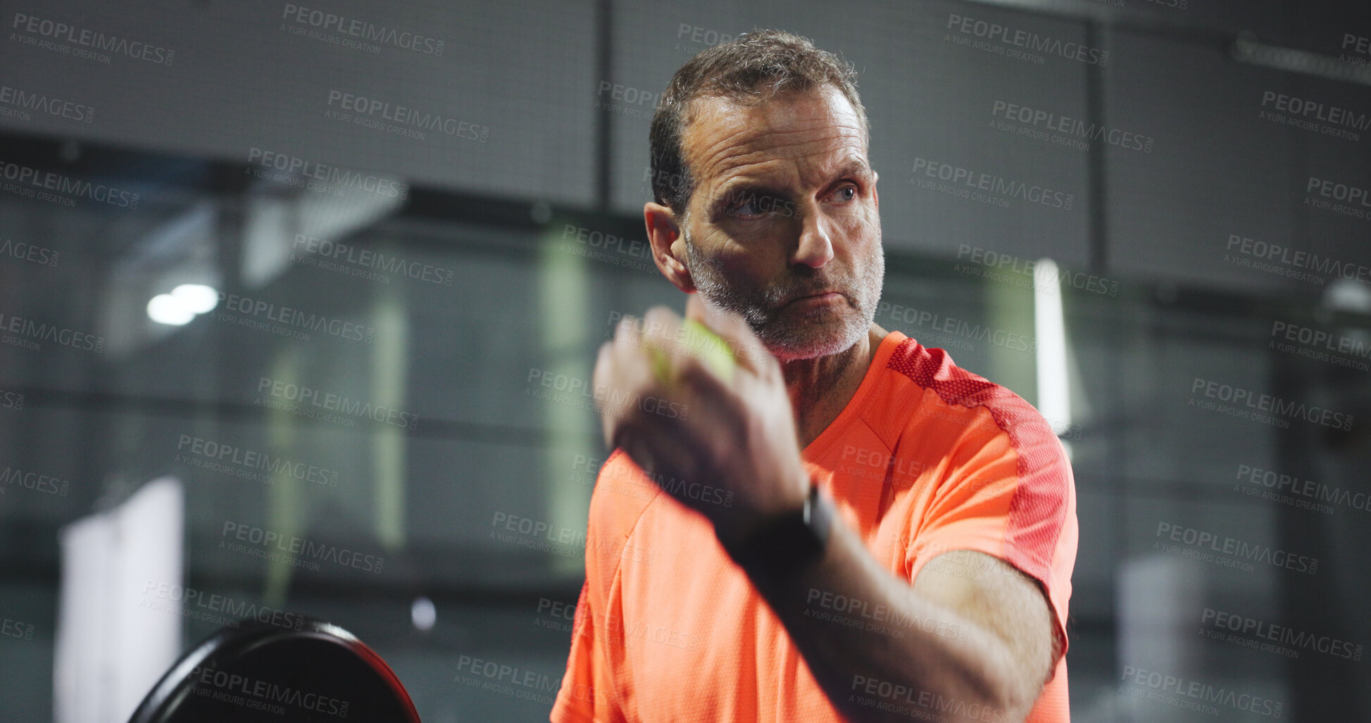 Buy stock photo Padel, serve and fitness with man on court for workout, training and tournament club. Competition practice, exercise and challenge with mature person on turf for game match, sports athlete and start