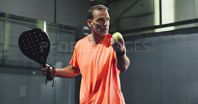 Buy stock photo Padel, athlete and man with racket, court and training for challenge, fitness and practice for sport. Tennis player, wellness and mature person with equipment for competition, exercise and skills
