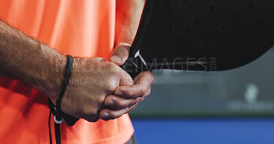 Buy stock photo Padel, fitness and hands with racket, court and training for challenge, athlete and active for sport. Tennis player, wellness and person with equipment for competition, exercise and skills for match