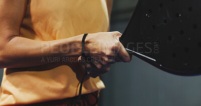 Buy stock photo Padel, active and hands with racket, court and training for challenge, athlete and fitness for sport. Tennis player, wellness and person with equipment for competition, exercise and skills for match