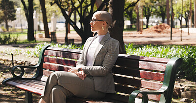 Buy stock photo Thinking, relax and business woman on park bench for reflection, memory and vision. Pride, commute and opportunity with person and idea outdoor for mindset, professional development and peace