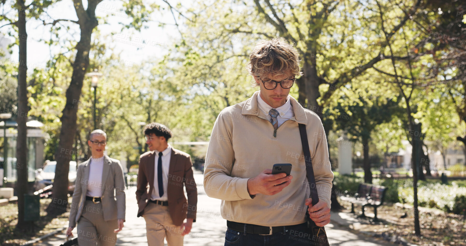 Buy stock photo Phone, walking and business man in park for communication, social media and search. Commute, networking app and connection with person and mobile outdoor for professional, contact and travel