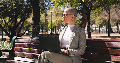 Buy stock photo Laptop, thinking and business woman on park bench for legal report, policy update and research. Contract clause, online attorney review and planning with person outdoor for vision and court case  