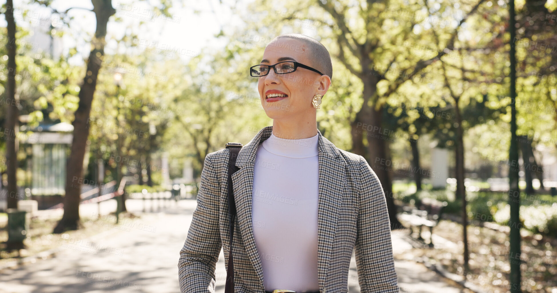 Buy stock photo Business woman, think or park walk for insight, eco transformation ideas or aesthetic planning. Landscape architect, outdoor reflection or view environment on path, conservation or sustainable design