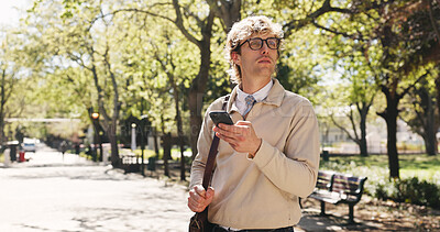 Buy stock photo Phone, search and business man in park for communication, social media and navigation. Commute, networking app and connection with person and mobile outdoor for professional, trip route and travel