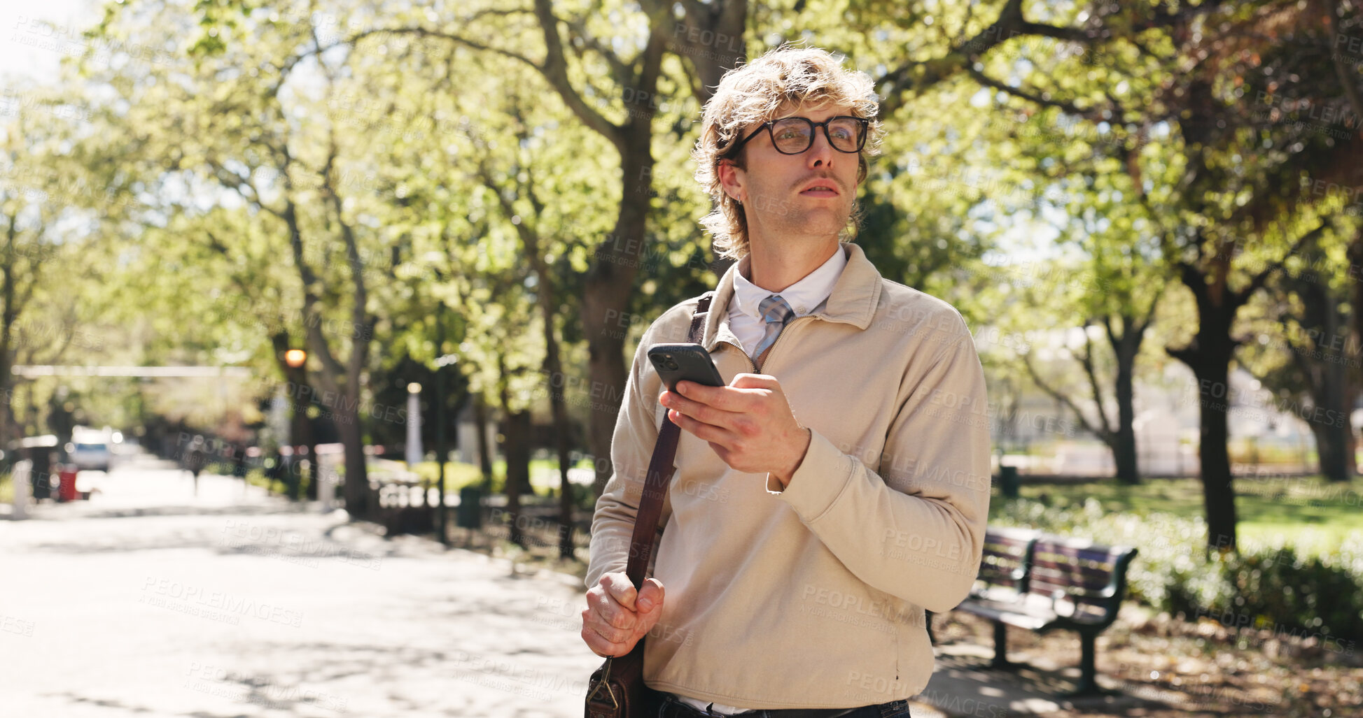 Buy stock photo Phone, search and business man in park for communication, social media and navigation. Commute, networking app and connection with person and mobile outdoor for professional, trip route and travel