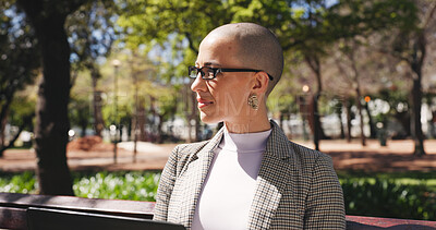 Buy stock photo Thinking, vision and business woman on park bench for reflection, memory and laptop. Pride, commute and opportunity with person and idea outdoor for mindset, professional development and online