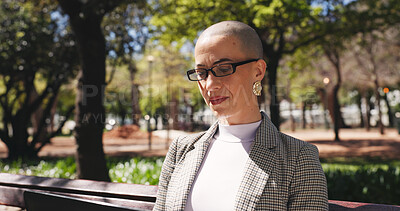 Buy stock photo Business woman, laptop and remote work on park bench, glasses and journalist with article review. Person, computer and freelance writer with project management, editing or proposal on web in nature