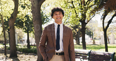 Buy stock photo Commute, portrait and smile of man in park for travel to university campus as lecturer. Education, morning and opportunity with happy person outdoor in city for teaching career as college professor
