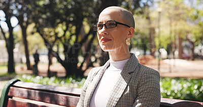 Buy stock photo Thinking, calm and business woman on park bench for reflection, memory and vision. Pride, commute and opportunity with person and idea outdoor for mindset, professional development and peace
