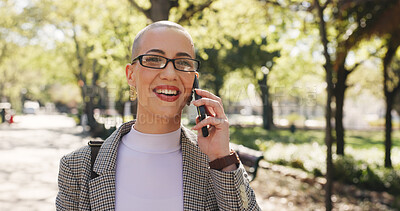 Buy stock photo Phone call, walking and business woman in park for communication, conversation and chat. Commute, networking app and connection with person and mobile outdoor for professional, contact and travel