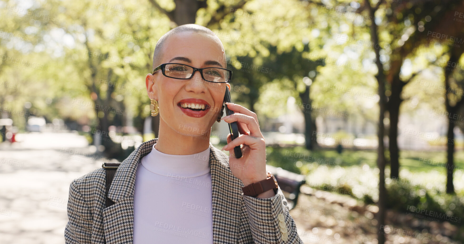 Buy stock photo Phone call, walking and business woman in park for communication, conversation and chat. Commute, networking app and connection with person and mobile outdoor for professional, contact and travel