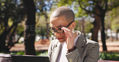 Buy stock photo Laptop, glasses and business woman on park bench for legal report, policy update and research. Contract clause, online attorney review and planning with person outdoor for email and court case  