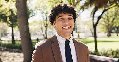 Buy stock photo Portrait, smile and travel with lawyer outdoor in city for route to work as legal council or representation. Commute, justice and opportunity with happy employee walking in park for job as attorney