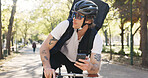 Ecommerce, bike and phone with delivery man in park for package distribution, courier route app and shipping. Online order, cycling and tracking parcel with person and mobile outdoor for export