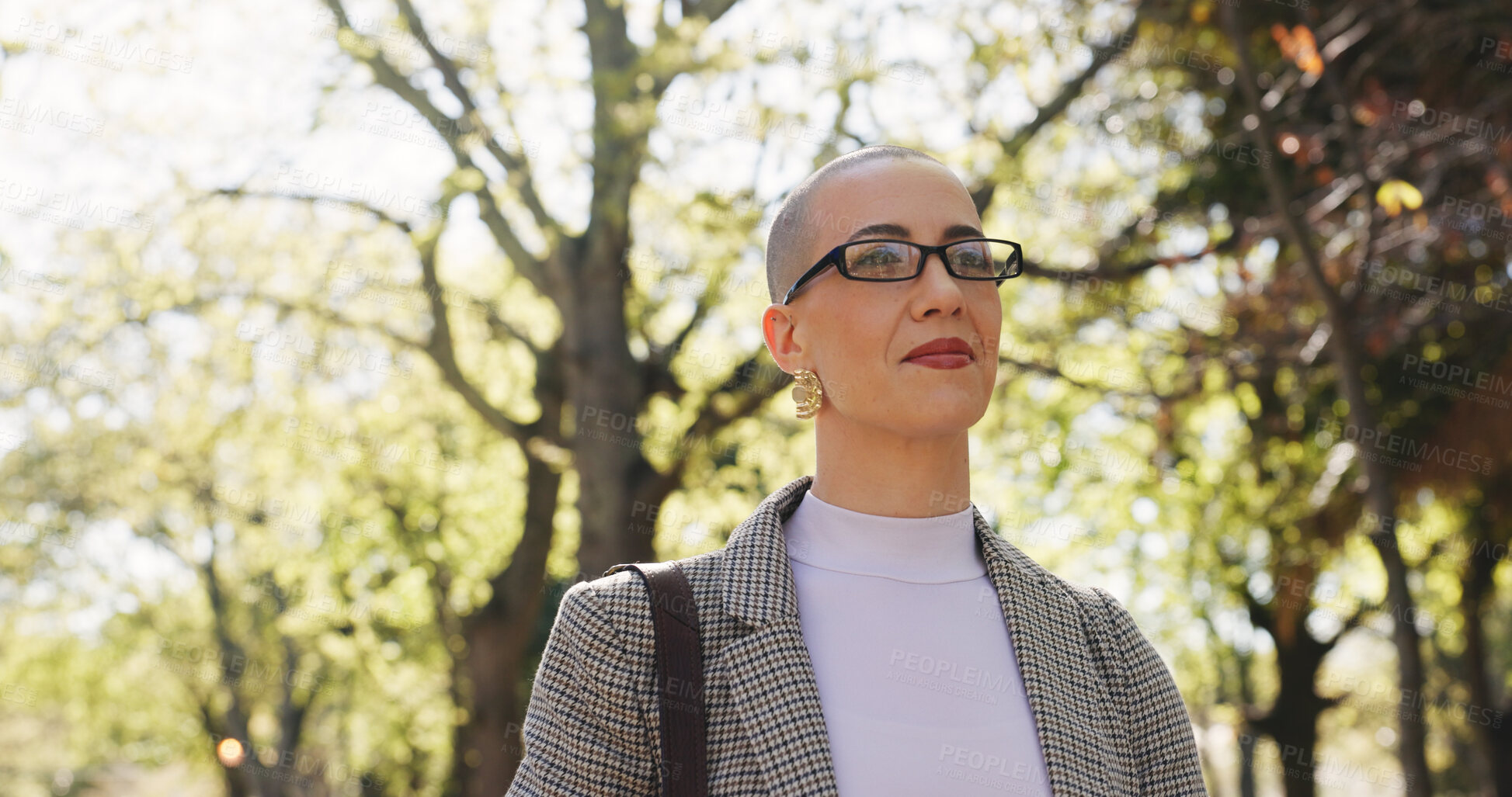 Buy stock photo Thinking, walking and business woman in park for reflection, memory and vision on journey. Pride, commute and opportunity with person and idea outdoor for mindset, professional development and peace