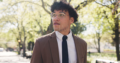 Buy stock photo Thinking, walking and business man in park for reflection, memory and vision on journey. Pride, commute and opportunity with person and idea outdoor for mindset, professional development and peace