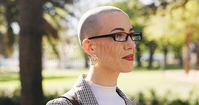 Buy stock photo Business woman, thinking or walking in park with vision, morning reflection or contemplate career growth. Daily journey, thoughtful or person with job ideas on travel, outdoor or commute to workplace