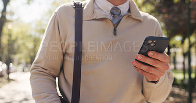 Buy stock photo Phone, hands and typing with business man in park for communication, social media and search. Commute, networking app and connection with person and mobile outdoor for professional, contact or travel