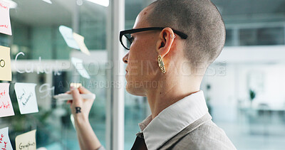 Buy stock photo Brand identity, woman or writing with sticky note on glass wall, seo planning or target audience trends. Marketing agency, awareness strategy or manager at board for campaign project, ideas or goals