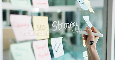 Buy stock photo Branding, hands and writing on glass wall for business growth, seo plan and target audience trends. Marketing, increase awareness and person at board with sticky note, strategy and goals for campaign