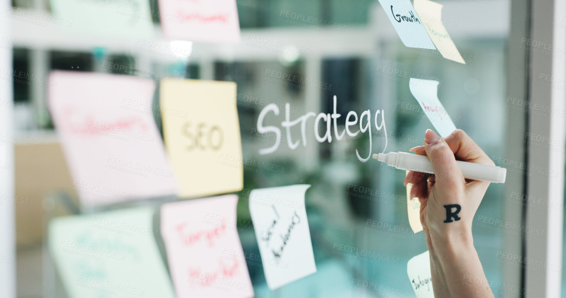 Buy stock photo Branding, hands and writing on glass wall for business growth, seo plan and target audience trends. Marketing, increase awareness and person at board with sticky note, strategy and goals for campaign