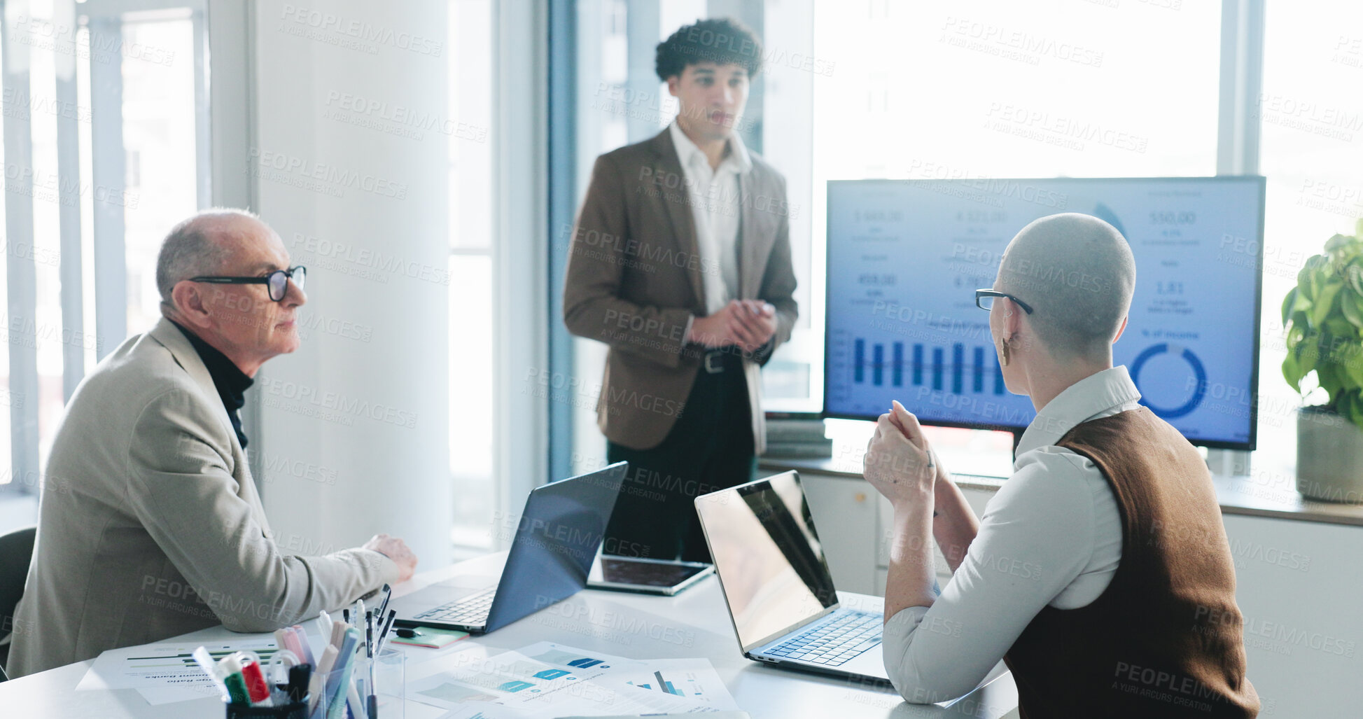 Buy stock photo Presentation, screen or businessman in office with pitch, statistics review or plan for b2b strategy. Talking, person or proposal with tech for profit generation idea, financial investment or graphs.