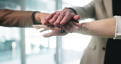 Buy stock photo Hand stack, meeting or team in office with motivation, good news or positive feedback in teamwork. Business, approval or employees in workplace with support, collaboration or achievement in synergy.