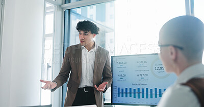 Buy stock photo Speaker, businessman or presentation in office with screen, stats review or pitch for b2b strategy. Person, proposal and explain with tech for profit generation idea, financial investment and graphs.