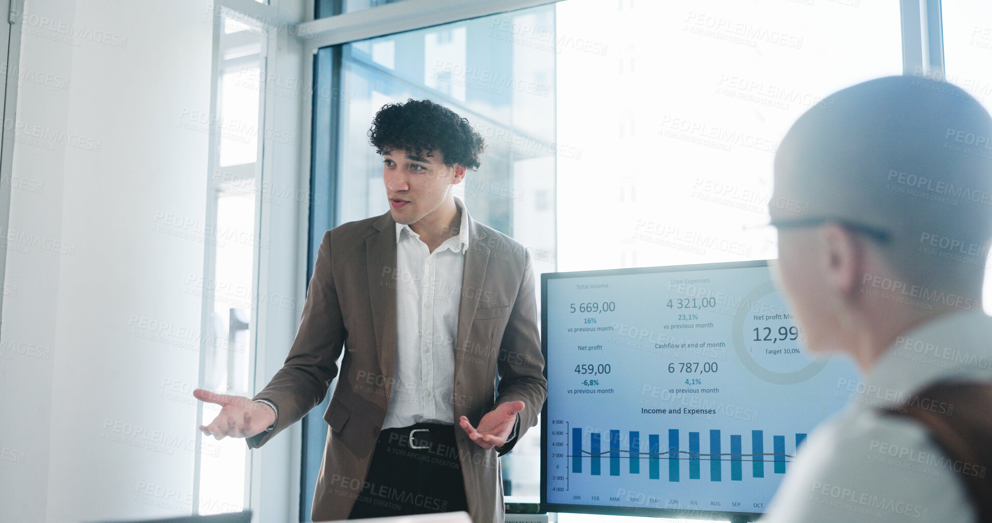 Buy stock photo Speaker, businessman or presentation in office with screen, stats review or pitch for b2b strategy. Person, proposal and explain with tech for profit generation idea, financial investment and graphs.