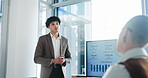 Speaker, businessman or pitch in office with screen, stats review or presentation for b2b strategy. Person, proposal and explain with tech for profit generation idea, financial investment and graphs.