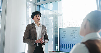 Buy stock photo Speaker, businessman or pitch in office with screen, stats review or presentation for b2b strategy. Person, proposal and explain with tech for profit generation idea, financial investment and graphs.