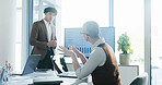 Presentation, screen or businessman in office with question, stats review or plan for b2b strategy. People, talk and proposal with tech for profit generation idea, financial investment qna or graphs.