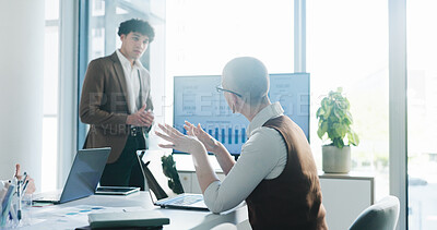 Buy stock photo Presentation, discussion or businessman in office with question, stats review or screen for b2b strategy. People, talk or proposal with tech for profit generation, financial investment qna or graphs.