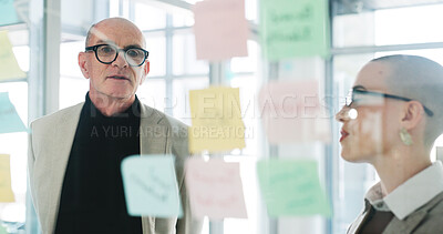 Buy stock photo Collaboration, glass wall and meeting with business people in office together for project management. Mind map, planning and sticky notes with employee team in corporate workplace for brainstorming