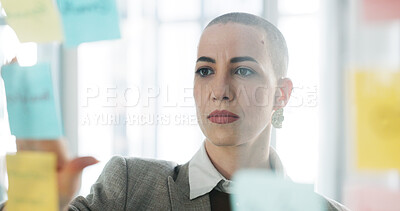 Buy stock photo Business, woman and strategy at glass wall with sticky note, planning and project management. Thinking, person and employee in office with moodboard for brainstorming, problem solving or development.