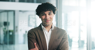 Buy stock photo Internship, portrait or man in office with arms crossed, pride or opportunity in marketing agency. Smile, about us or trainee in branding firm with confidence, new job or goal in creative industry.