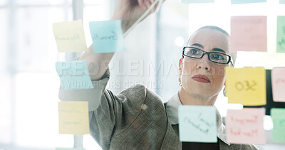 Buy stock photo Business woman, writing or sticky note on glass wall for advertising, seo plan or target audience trends. Digital marketing, brand awareness or manager at board for campaign project, strategy or goal