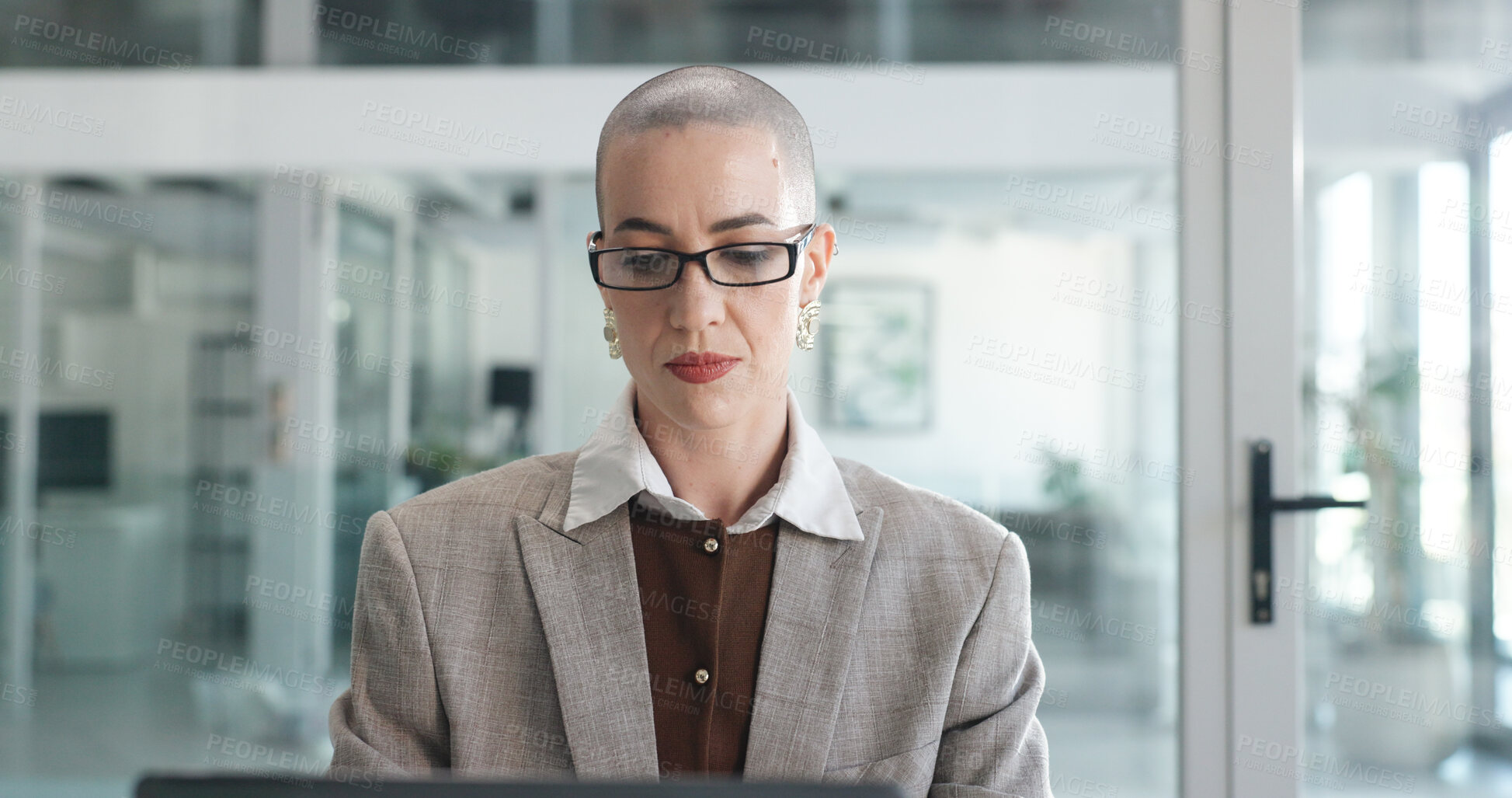 Buy stock photo Mature woman, computer and review at office, glasses or proposal for deal at finance company. Person, broker and advisor with pc for asset management, stock or market research at investment agency