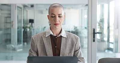 Buy stock photo Laptop, research and typing with business woman in office for insurance broker, risk assessment and report. Planning, premium policy and underwriter with person in agency for claims coverage payout