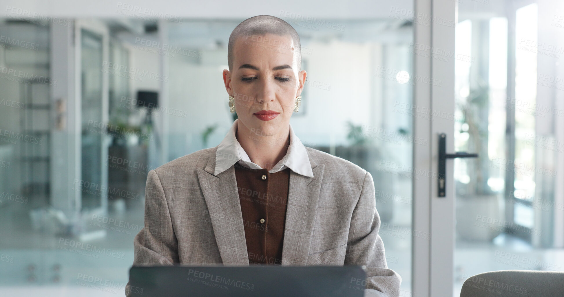 Buy stock photo Laptop, research and typing with business woman in office for insurance broker, risk assessment and report. Planning, premium policy and underwriter with person in agency for claims coverage payout