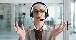 Woman, headset and call center at office, discussion or review with customer support at investment company. Person, broker and advisor in pov for portrait, voip and explain feedback for consultation