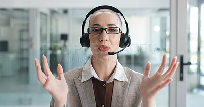 Buy stock photo Woman, headset and call center at office, discussion or review with customer support at investment company. Person, broker and advisor in pov for portrait, voip and explain feedback for consultation